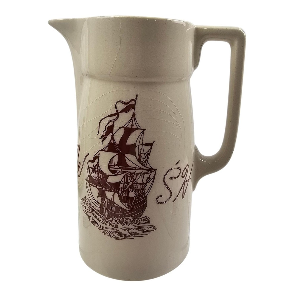Vintage Anfora Mexico Nautical Sailing Ship Ceramic Pitcher Cream Brown 8.25in